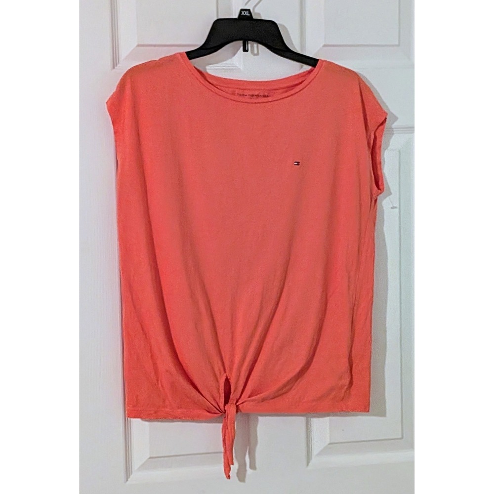 Tommy Hilfiger Coral Orange Cap Sleeve Tie Front T Shirt Top Women's XXS NWOT